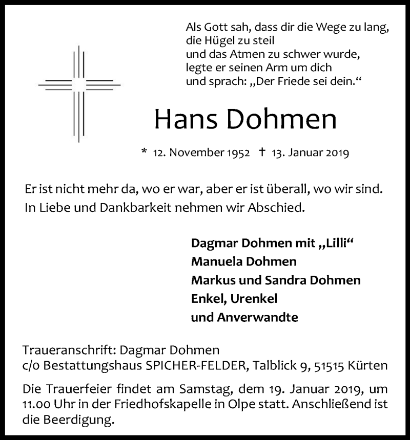  Traueranzeige für Hans Dohmen vom 16.01.2019 aus Kölner Stadt-Anzeiger / Kölnische Rundschau / Express