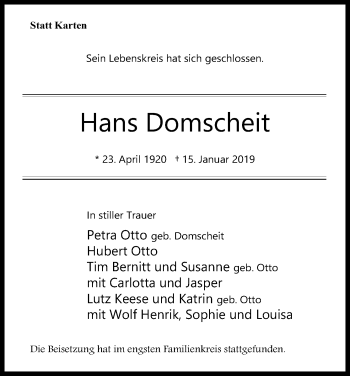 Anzeige von Hans Domscheit von Kölner Stadt-Anzeiger / Kölnische Rundschau / Express
