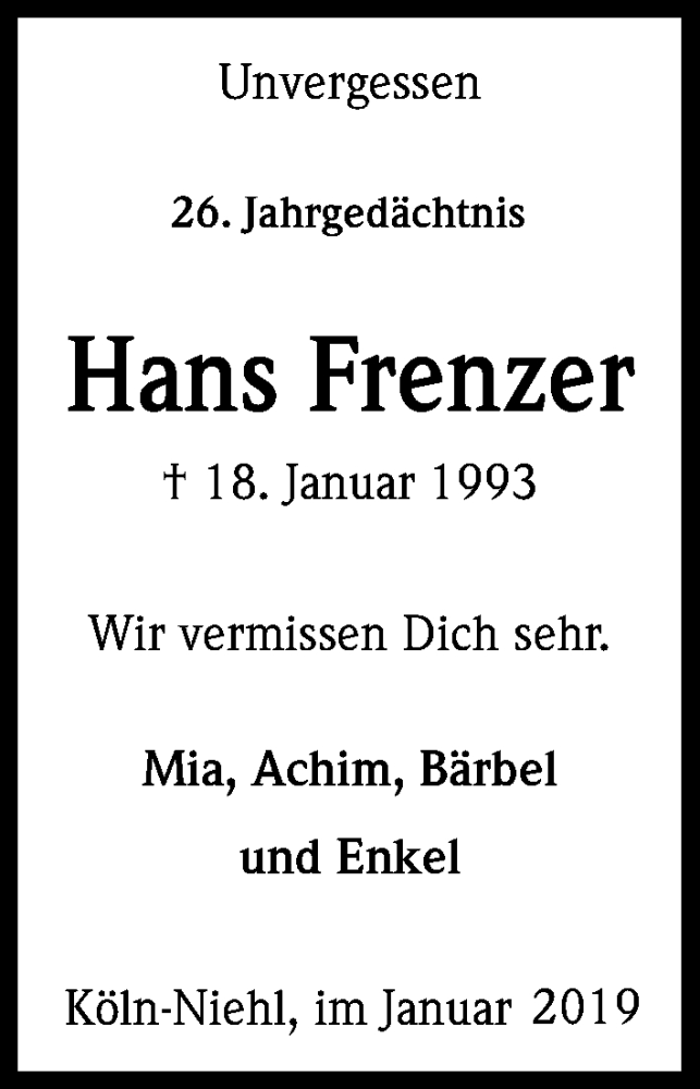  Traueranzeige für Hans Frenzer vom 18.07.2023 aus Kölner Stadt-Anzeiger / Kölnische Rundschau / Express