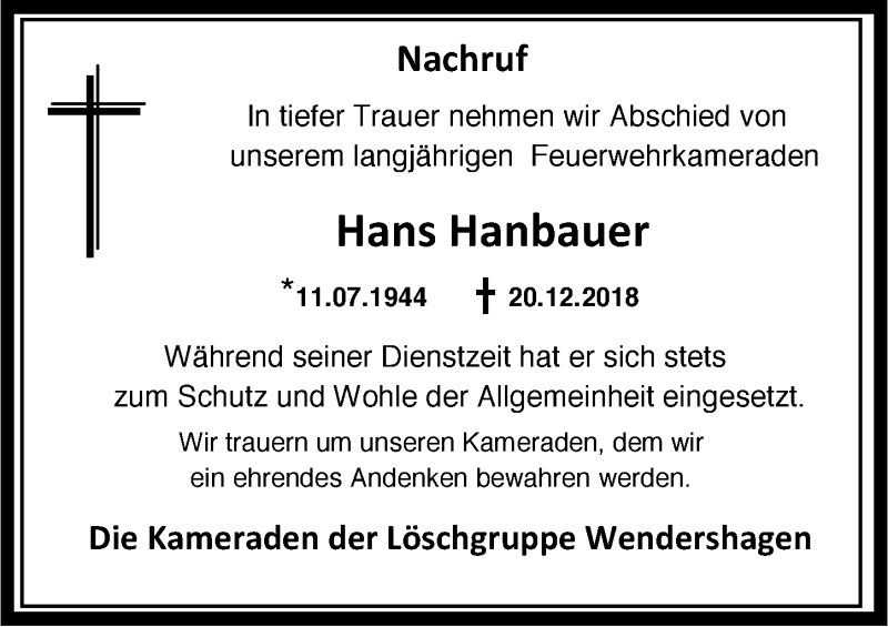  Traueranzeige für Hans Hanbauer vom 02.01.2019 aus  Lokalanzeiger 