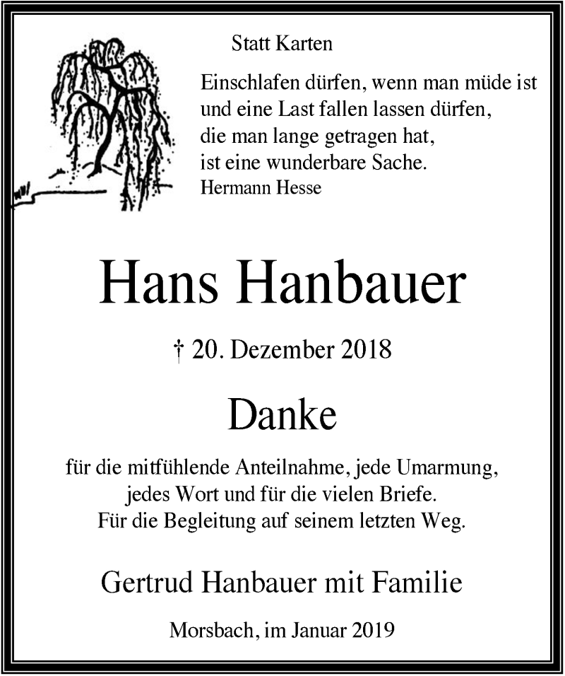  Traueranzeige für Hans Hanbauer vom 30.01.2019 aus  Lokalanzeiger 