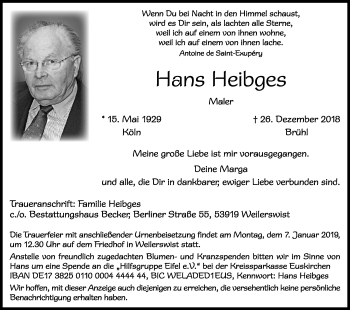 Anzeige von Hans Heibges von Kölner Stadt-Anzeiger / Kölnische Rundschau / Express