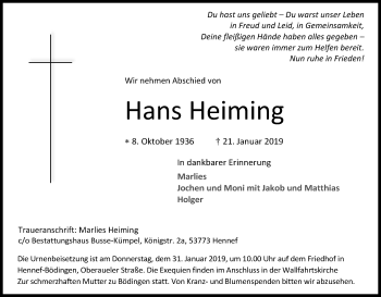 Anzeige von Hans Heiming von Kölner Stadt-Anzeiger / Kölnische Rundschau / Express