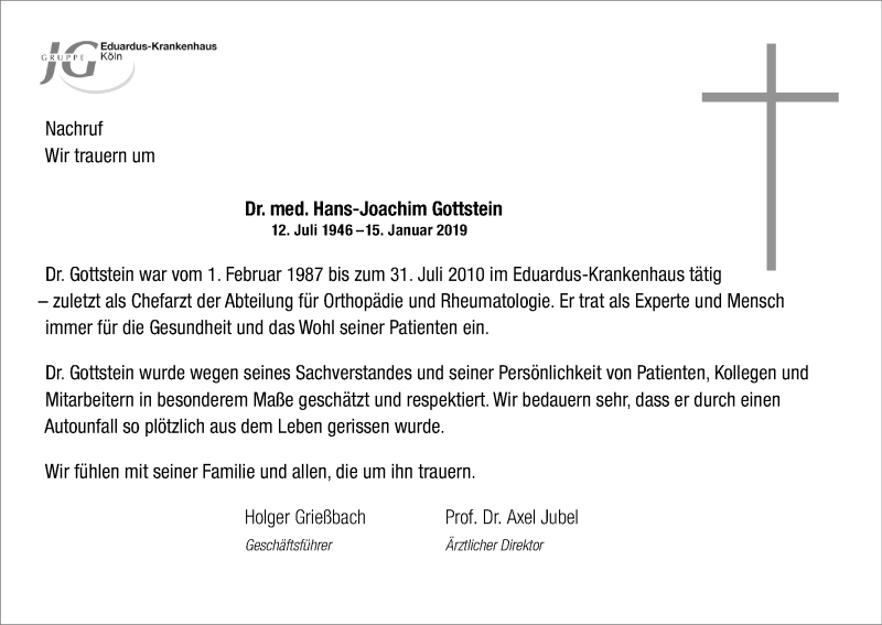  Traueranzeige für Hans-Joachim Gottstein vom 26.01.2019 aus Kölner Stadt-Anzeiger / Kölnische Rundschau / Express