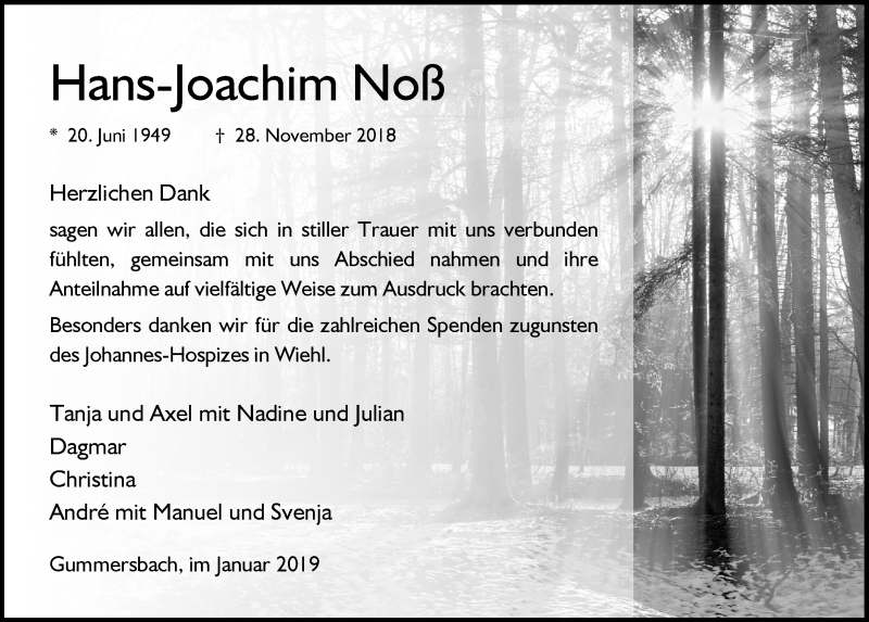  Traueranzeige für Hans-Joachim Noß vom 16.01.2019 aus  Anzeigen Echo 