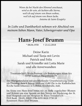 Anzeige von Hans-Josef Brumm von Kölner Stadt-Anzeiger / Kölnische Rundschau / Express