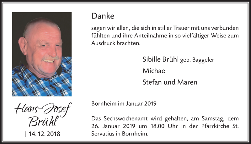  Traueranzeige für Hans-Josef Brühl vom 16.01.2019 aus  Schaufenster/Blickpunkt 