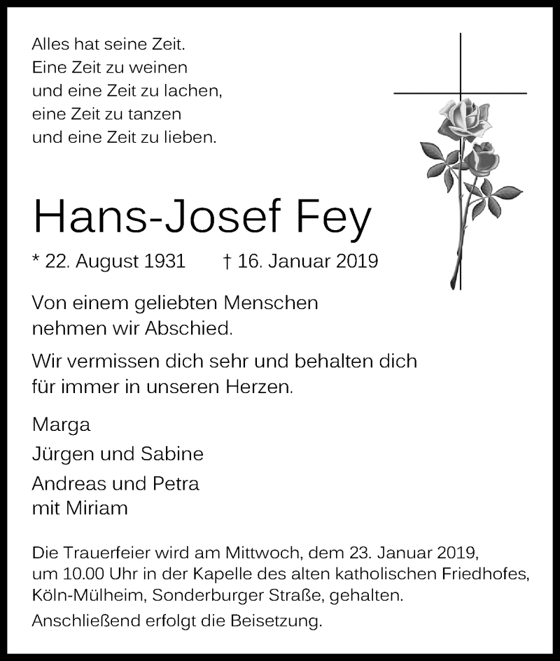  Traueranzeige für Hans-Josef Fey vom 19.01.2019 aus Kölner Stadt-Anzeiger / Kölnische Rundschau / Express
