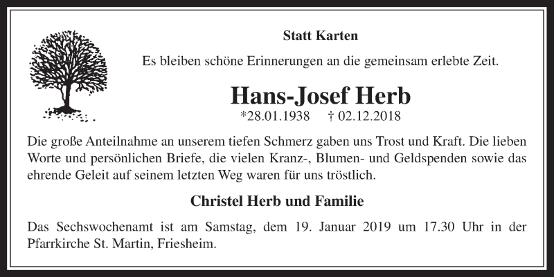  Traueranzeige für Hans-Josef Herb vom 09.01.2019 aus  Werbepost 