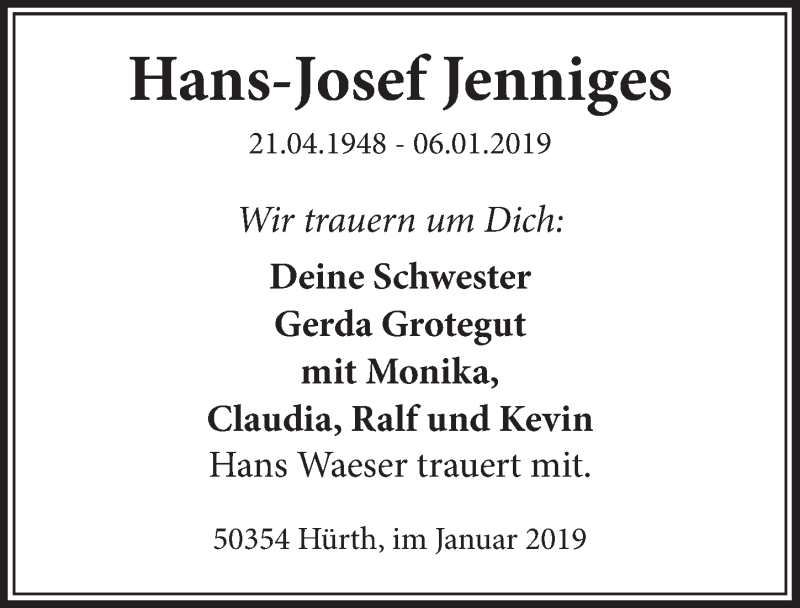 Traueranzeige für Hans-Josef Jenniges vom 12.01.2019 aus  Sonntags-Post 