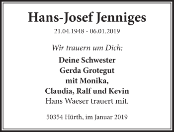 Anzeige von Hans-Josef Jenniges von  Sonntags-Post 