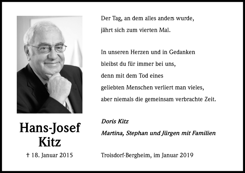  Traueranzeige für Hans-Josef Kitz vom 18.01.2019 aus Kölner Stadt-Anzeiger / Kölnische Rundschau / Express