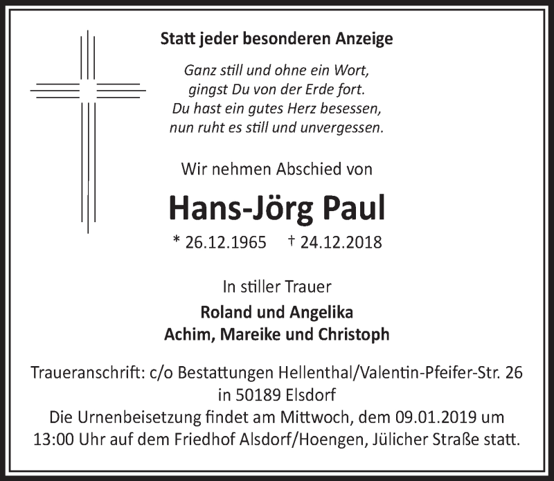  Traueranzeige für Hans-Jörg Paul vom 05.01.2019 aus  Sonntags-Post 