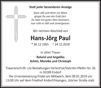 Anzeige von Hans-Jörg Paul von  Sonntags-Post 