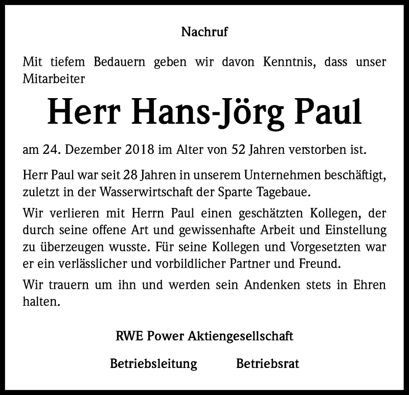  Traueranzeige für Hans-Jörg Paul vom 11.01.2019 aus Kölner Stadt-Anzeiger / Kölnische Rundschau / Express