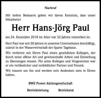Anzeige von Hans-Jörg Paul von Kölner Stadt-Anzeiger / Kölnische Rundschau / Express