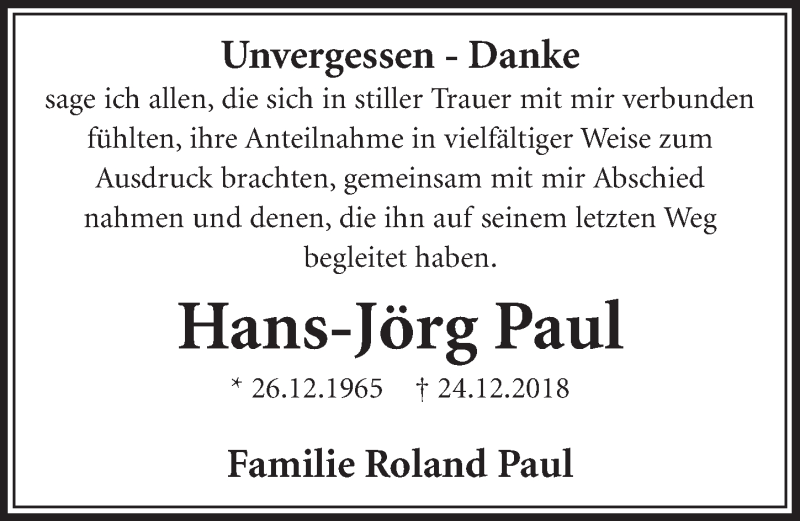  Traueranzeige für Hans-Jörg Paul vom 19.01.2019 aus  Sonntags-Post 