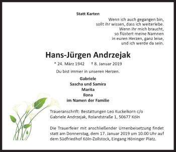 Anzeige von Hans-Jürgen Andrzejak von Kölner Stadt-Anzeiger / Kölnische Rundschau / Express