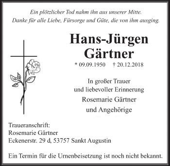 Anzeige von Hans-Jürgen Gärtner von  Rhein-Sieg-Wochenende 