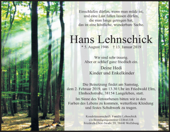 Anzeige von Hans Lehnschick von Kölner Stadt-Anzeiger / Kölnische Rundschau / Express