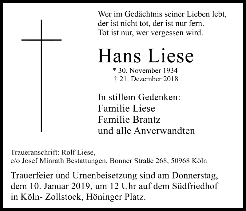  Traueranzeige für Hans Liese vom 05.01.2019 aus Kölner Stadt-Anzeiger / Kölnische Rundschau / Express