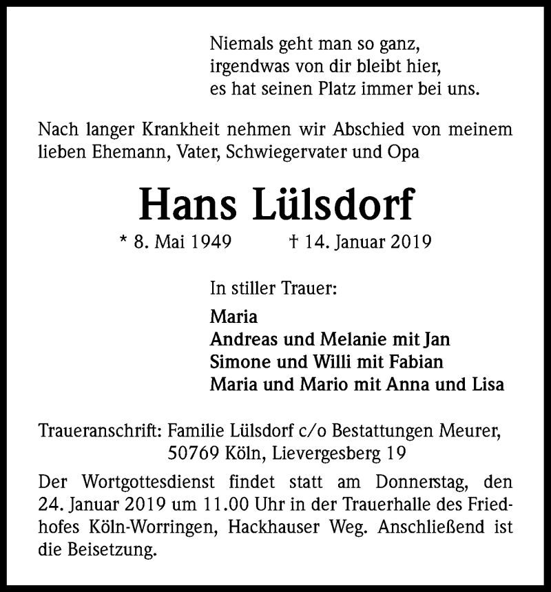  Traueranzeige für Hans Lülsdorf vom 19.01.2019 aus Kölner Stadt-Anzeiger / Kölnische Rundschau / Express