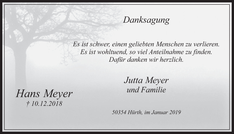  Traueranzeige für Hans Meyer vom 09.01.2019 aus  Wochenende 