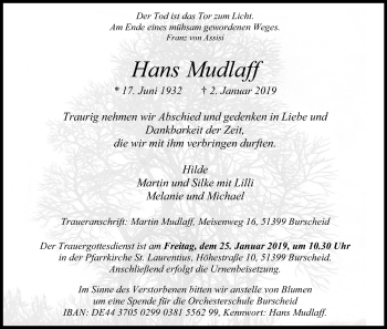 Anzeige von Hans Mudlaff von Kölner Stadt-Anzeiger / Kölnische Rundschau / Express