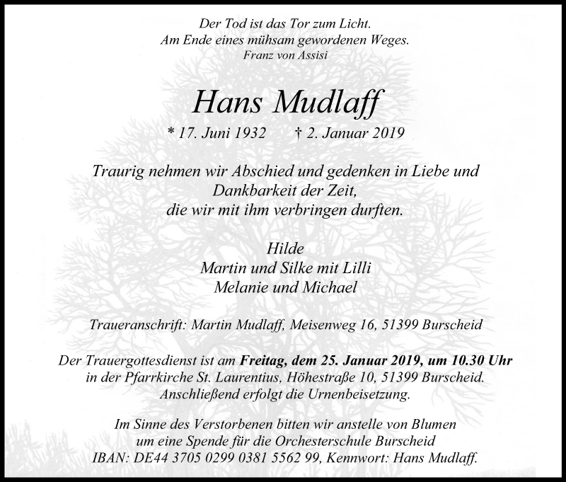  Traueranzeige für Hans Mudlaff vom 12.01.2019 aus Kölner Stadt-Anzeiger / Kölnische Rundschau / Express