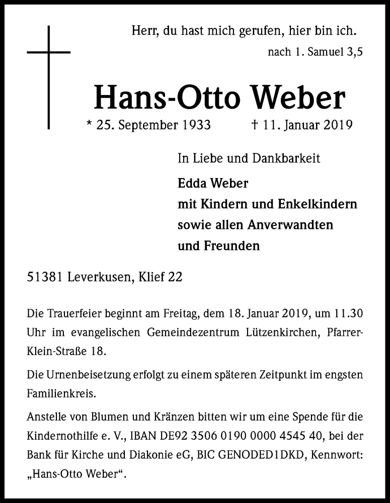  Traueranzeige für Hans-Otto Weber vom 15.01.2019 aus Kölner Stadt-Anzeiger / Kölnische Rundschau / Express
