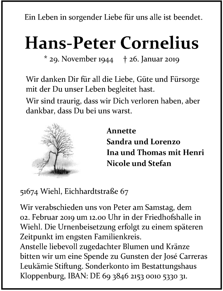  Traueranzeige für Hans-Peter Cornelius vom 30.01.2019 aus  Anzeigen Echo 