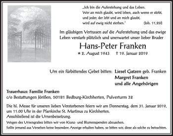 Anzeige von Hans-Peter Franken von  Sonntags-Post 