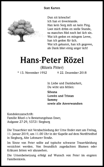 Anzeige von Hans-Peter Rözel von Kölner Stadt-Anzeiger / Kölnische Rundschau / Express
