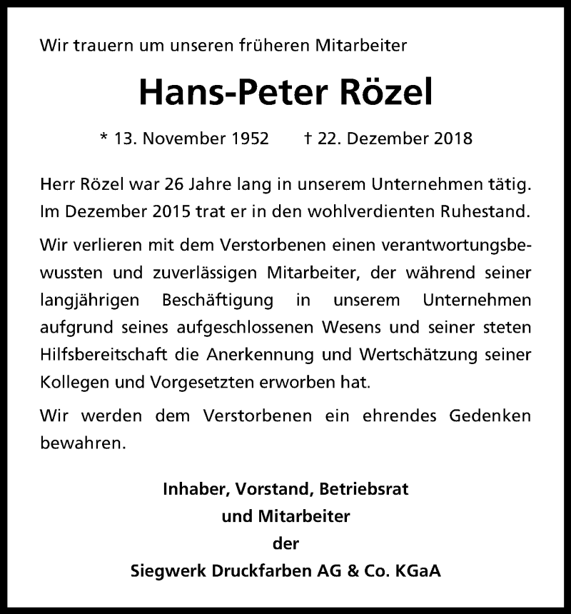  Traueranzeige für Hans-Peter Rözel vom 16.01.2019 aus Kölner Stadt-Anzeiger / Kölnische Rundschau / Express