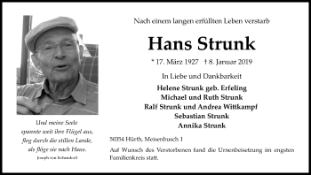 Anzeige von Hans Strunk von Kölner Stadt-Anzeiger / Kölnische Rundschau / Express