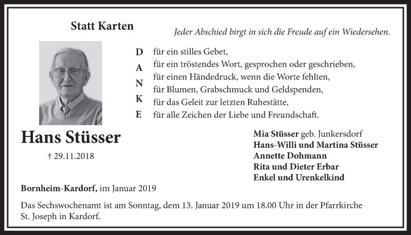  Traueranzeige für Hans Stüsser vom 09.01.2019 aus  Schlossbote/Werbekurier 