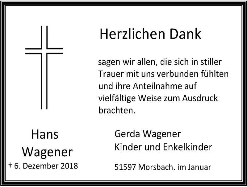  Traueranzeige für Hans Wagener vom 23.01.2019 aus  Lokalanzeiger 