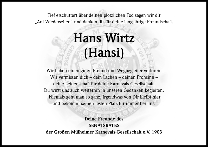  Traueranzeige für Hans Wirtz vom 26.01.2019 aus Kölner Stadt-Anzeiger / Kölnische Rundschau / Express