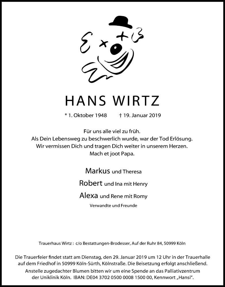  Traueranzeige für Hans Wirtz vom 26.01.2019 aus Kölner Stadt-Anzeiger / Kölnische Rundschau / Express