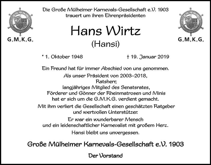  Traueranzeige für Hans Wirtz vom 26.01.2019 aus Kölner Stadt-Anzeiger / Kölnische Rundschau / Express