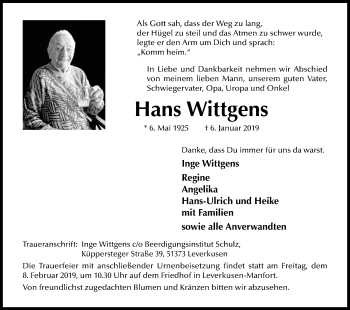 Anzeige von Hans Wittgens von Kölner Stadt-Anzeiger / Kölnische Rundschau / Express