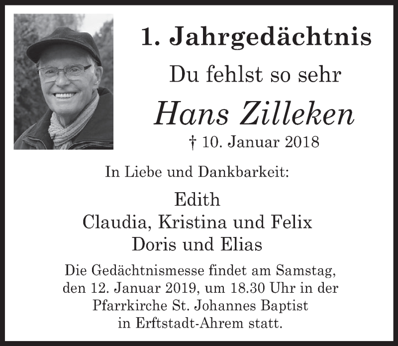  Traueranzeige für Hans Zilleken vom 09.01.2019 aus  Werbepost 