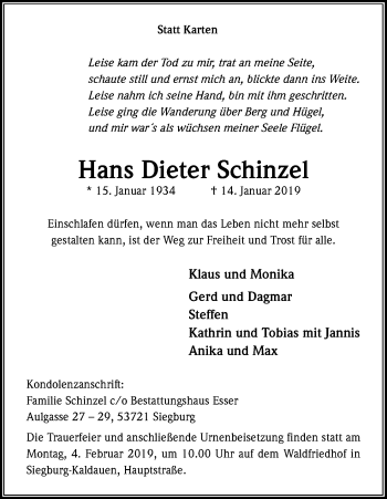 Anzeige von Hans Dieter Schinzel von Kölner Stadt-Anzeiger / Kölnische Rundschau / Express