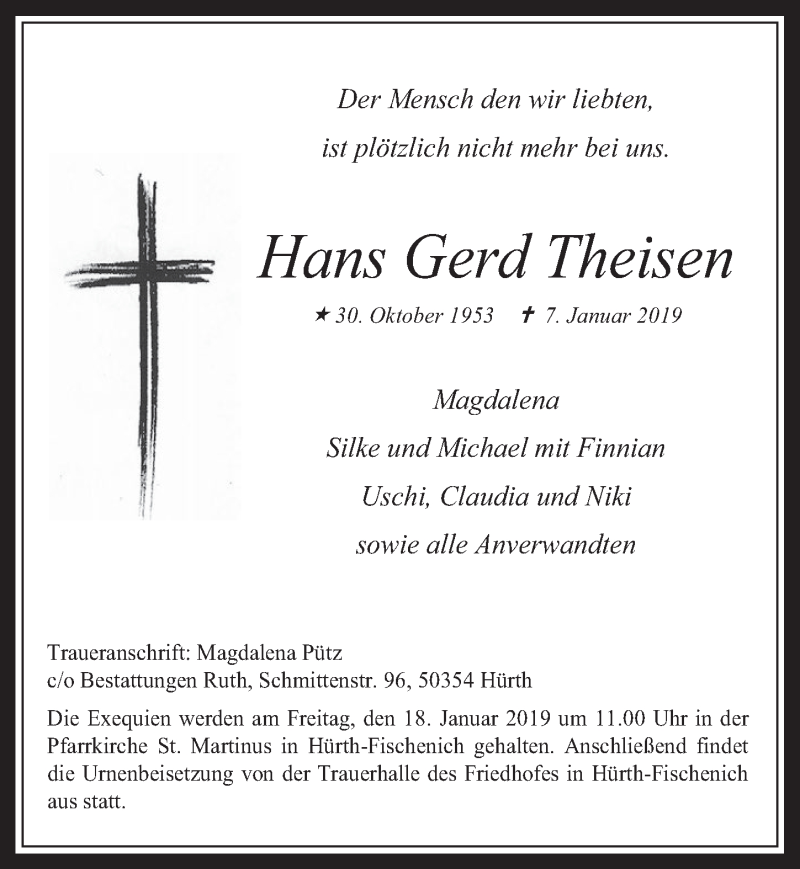  Traueranzeige für Hans Gerd Theisen vom 16.01.2019 aus  Wochenende  Schlossbote/Werbekurier 