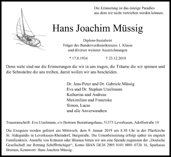 Anzeige von Hans Joachim Müssig von Kölner Stadt-Anzeiger / Kölnische Rundschau / Express