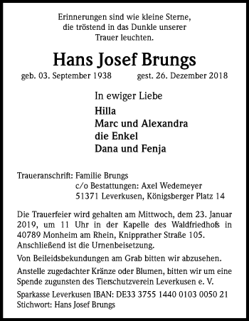 Anzeige von Hans Josef Brungs von Kölner Stadt-Anzeiger / Kölnische Rundschau / Express