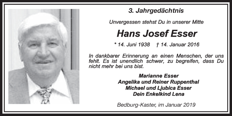  Traueranzeige für Hans Josef Esser vom 12.01.2019 aus  Sonntags-Post 
