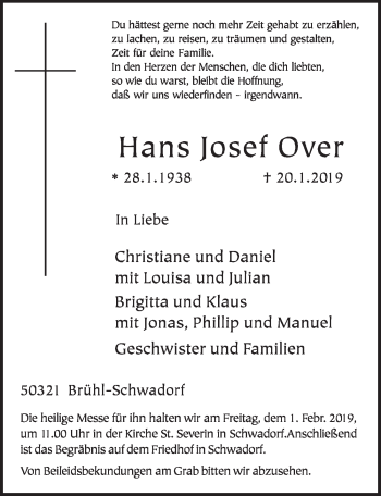 Anzeige von Hans Josef Over von  Schlossbote/Werbekurier 