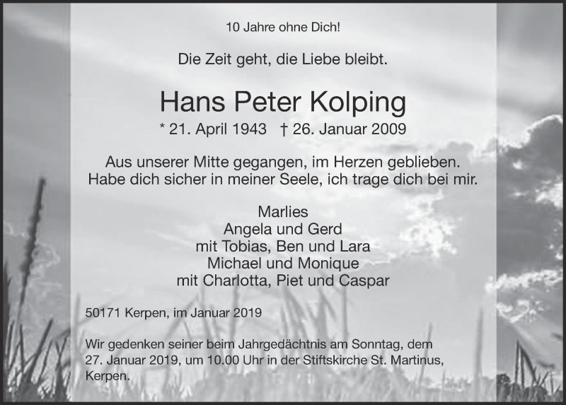 Traueranzeige für Hans Peter Kolping vom 23.01.2019 aus  Werbepost 