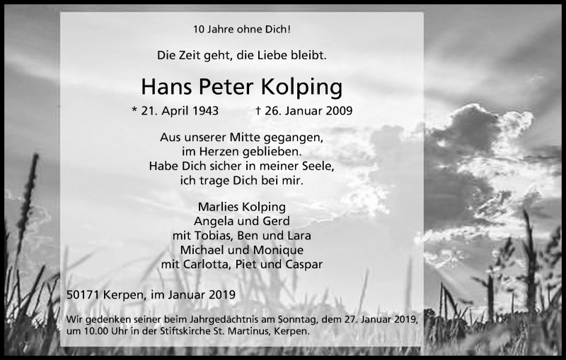  Traueranzeige für Hans Peter Kolping vom 26.01.2019 aus Kölner Stadt-Anzeiger / Kölnische Rundschau / Express